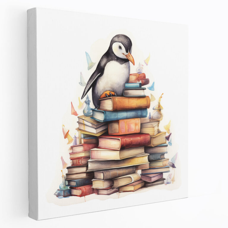 Penguen Kanvas Tablo - Masalsı Kitap Sever - Penguen Masalsı Sulu Boya İllüstrasyon Kanvas Tablo