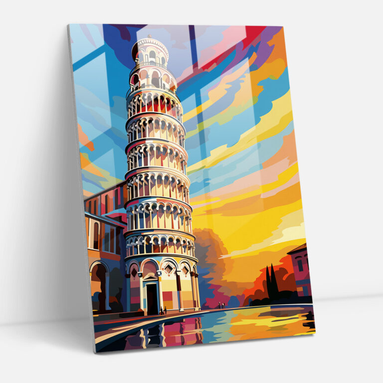 Pisa Eğik Kulesi Pop Sanat Cam Tablo - Eğik Kule Zıt Renkler Grafik Unsurlar