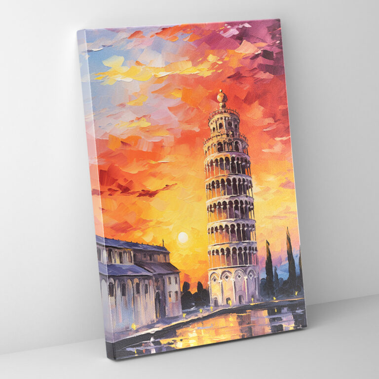 Pisa'da Eğik Kule Kanvas Tablo - Günbatımı Canlı Renkler Duvar Sanatı