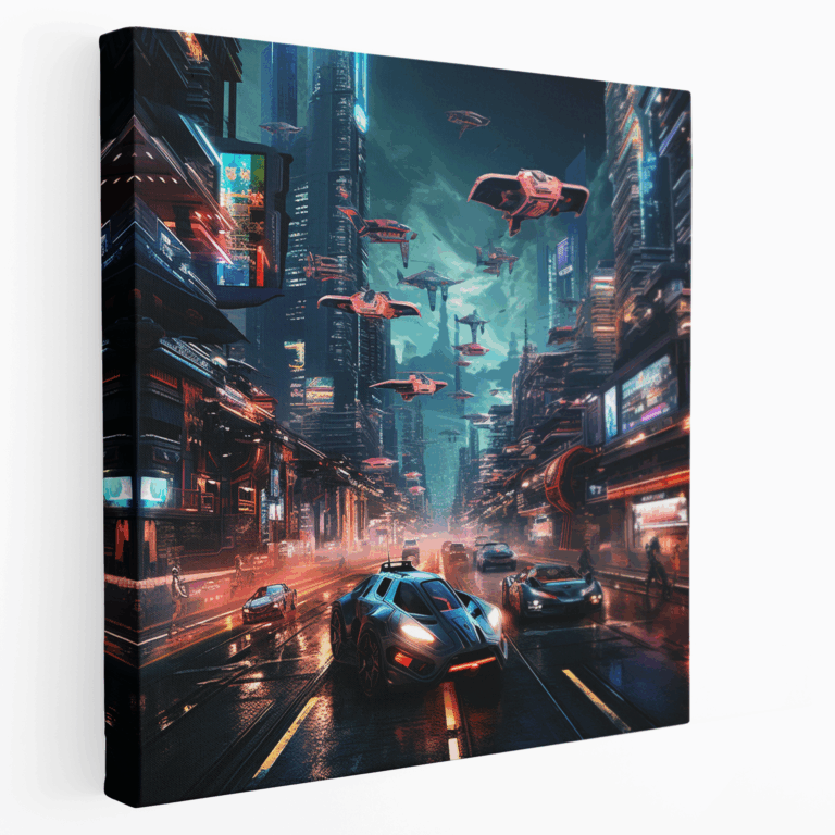 Fütüristik Cyberpunk Şehir Kanvas Tablosu