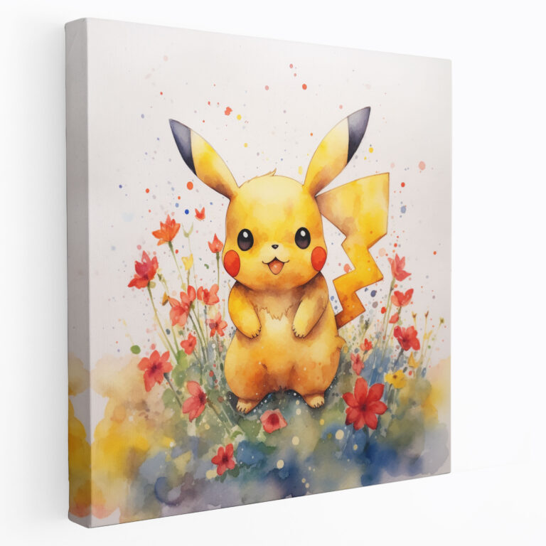 Pokemon Kanvas Tablo: Pikachu Çimenlerde Oynarken - Pokemon Çiçek Tarlası Minimalist Sulu Boya Resim