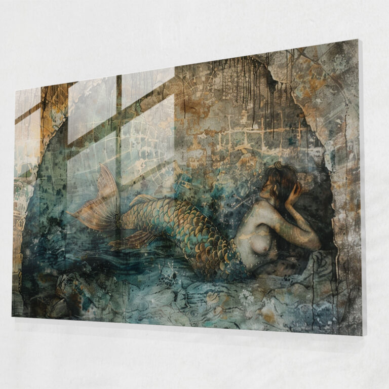 Denizkızı Fantazi Cam Tablo - Pre-Raphaelite Brotherhood Duvar Süsü Cam Sanatı