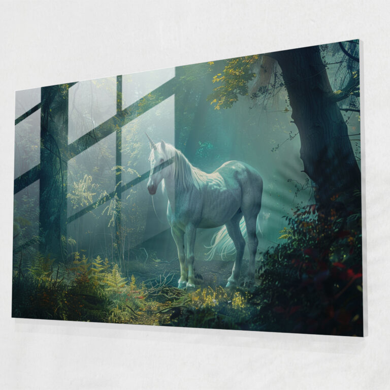 Pre-Raphaelite Brotherhood Cam Tablo - Muhteşem Unicorn - Per-Raphaelite Brotherhood Cam Duvar Sanatı Unicorn Sanatı Büyülü Orman
