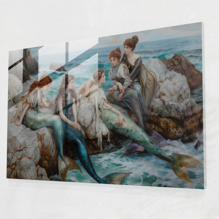 Efsanevi Denizkızları Cam Duvar Sanatı - Pre-Raphaelite Brotherhood Duvar Dekorasyonu Cam Sanat