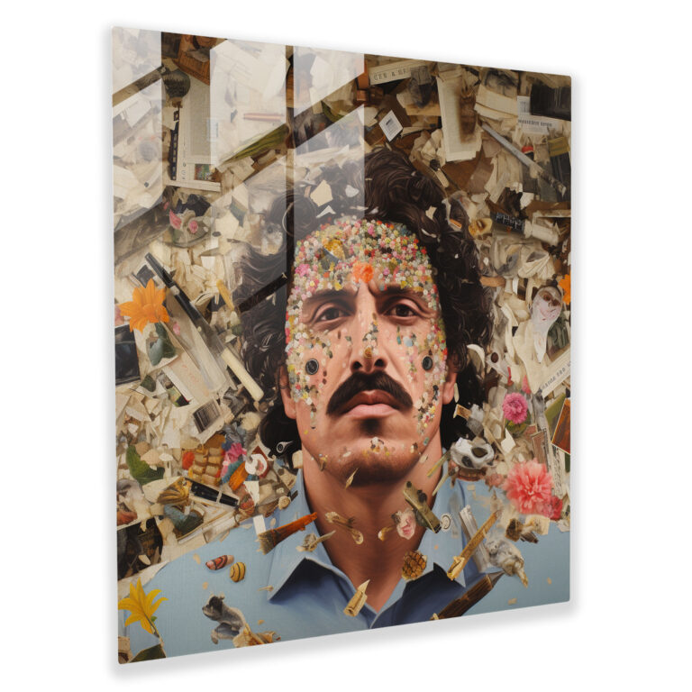 Pablo Escobar Sürreal Kolaj Cam Tablo - Düşündürücü Pablo Escobar temasıyla tasarlanmış bir cam tablo.
