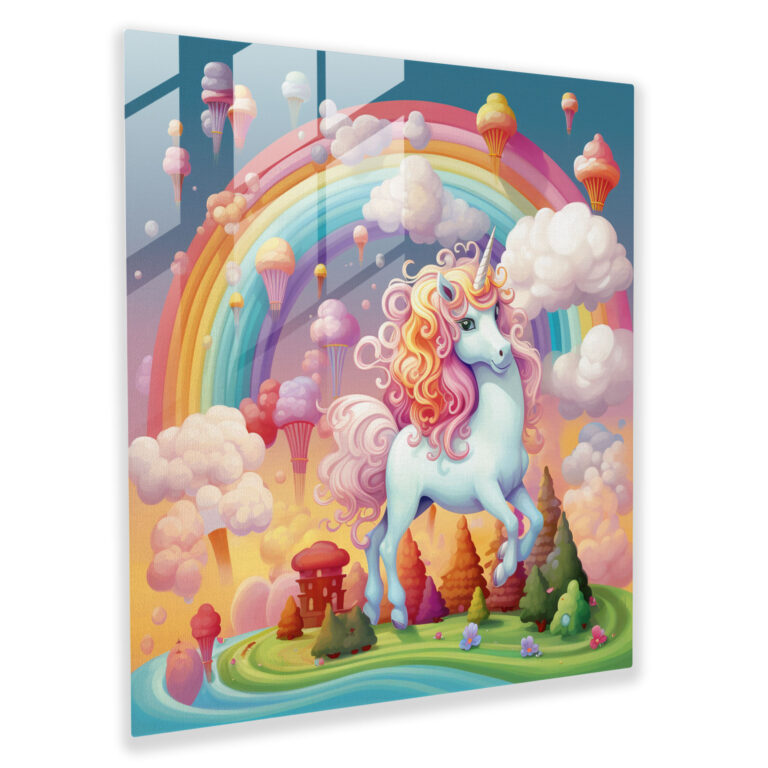 Büyülü Pastel Gökküşağı Cam Tablo - Pastel Sihir Uçan Unicornlar Pastel Gökküşağı