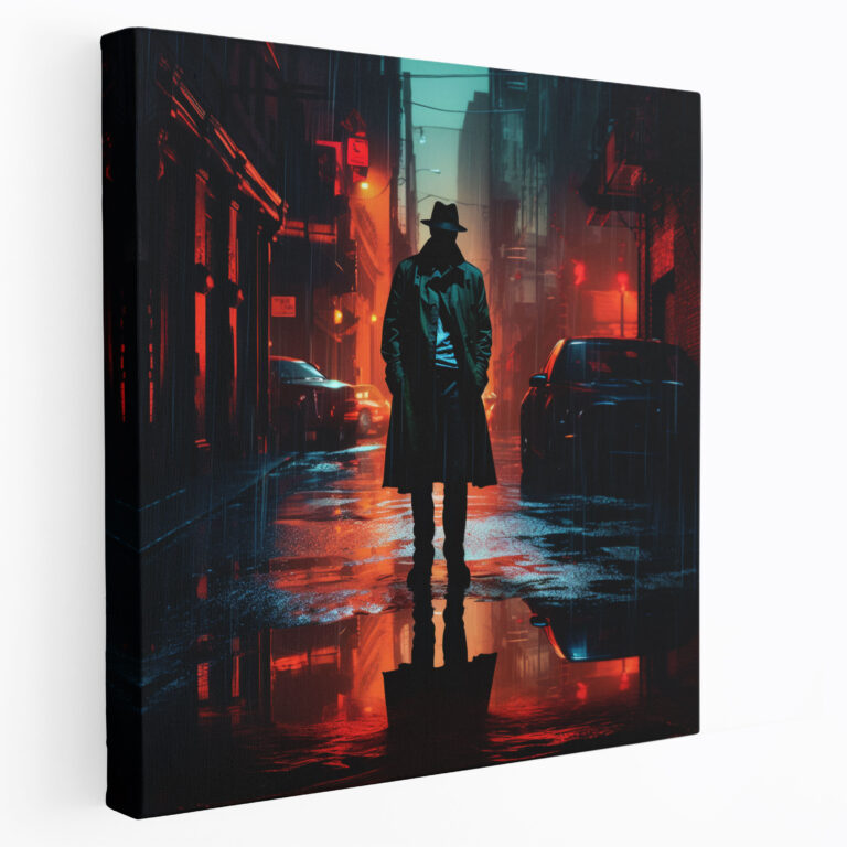 Pulp Fiction Canvastan Baskı - Neon Noir Dedektif Silueti - Pulp Fiction Öz Neon Noir Görsel Olarak Çarpıcı Kontrast