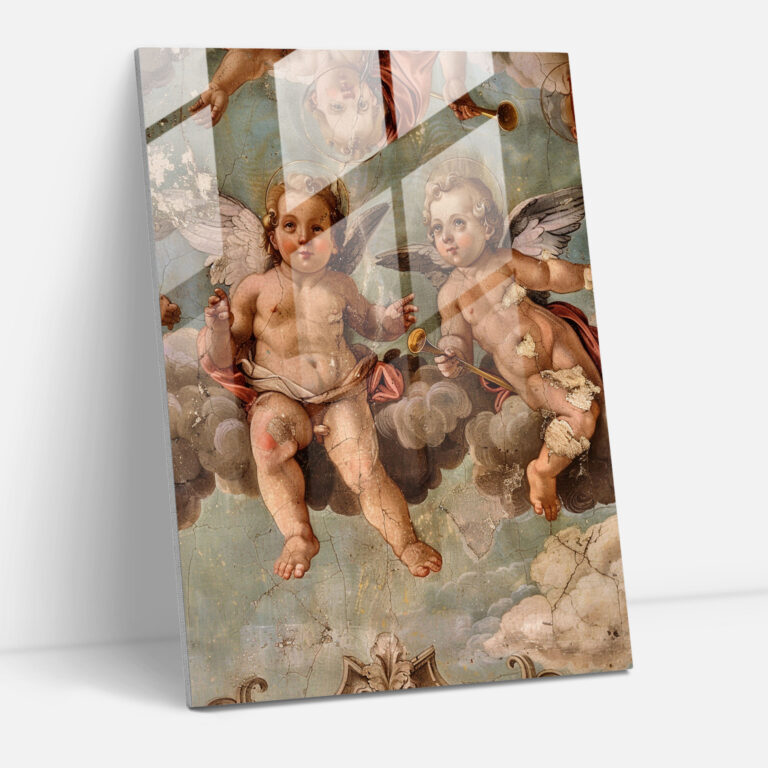 Raffaello Sanzio Melekler ve Trompetleri Cam Tablo Duvar Dekorasyonu - Modern Sanat