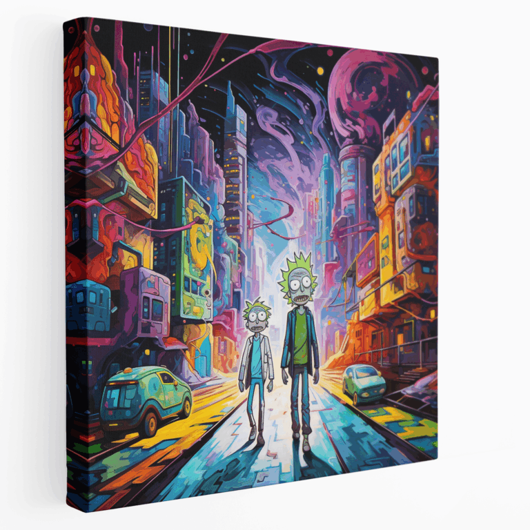 Canlı Pop Sanatı Kanvas Tablosu - Rick ve Morty Distopik Şehir Manzarasında