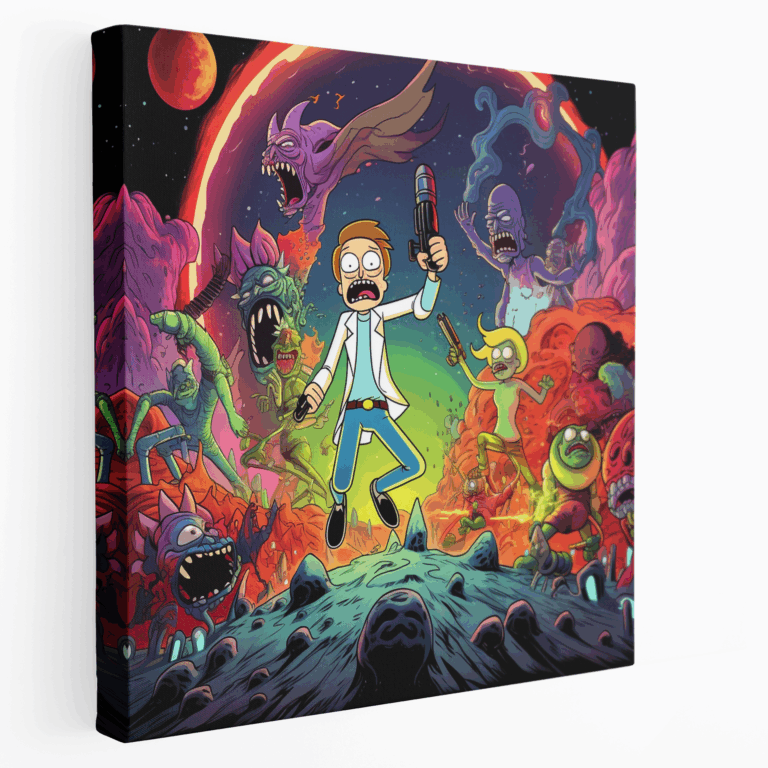 Dinamik Retro Çizgi Roman Kanvas Tablo - Rick ve Morty Uzaylı Savaşı