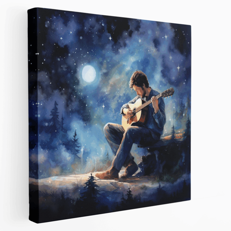Yıldızlı Gece Gitar Suluboya Kanvas Tablo Baskı
