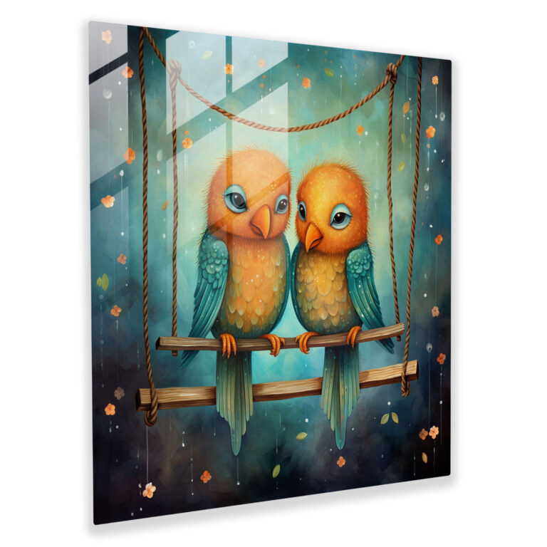Romantik ve Masalsı Cam Tablo Baskı - Aşk Kuşları Romantik Atmosfer Sallanan Tasarım