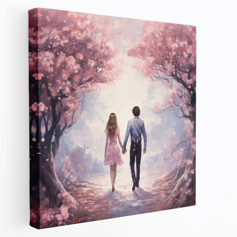 Romantik Kiraz Çiçeği Duvar Sanatı - Romantik Aşıklar Kanvas Tablo Duvar Sanatı