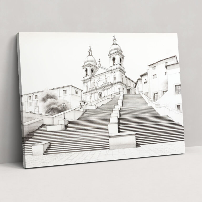 Roma Kanvas Tablo - İspanyol Merdivenleri Minimalist Çizim - Roma Minimalist Çizim Duvar Sanatı