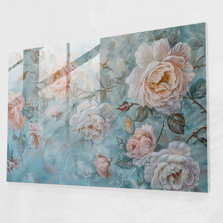 Pastel Rococo Cam Tablo Çiçek Desenleri - Rococo Tarzı Resim Pastel Renkler Ev Dekorasyonu