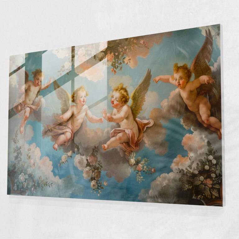 Capricious Rococo Cam Tablo Melekler Manzarası - Rococo Tarzı Resim Melekler Ev Dekorasyonu