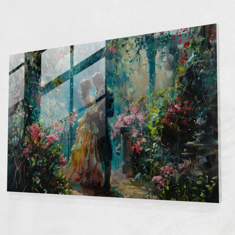 Garden Rococo Stili Resim Cam Tablo - Romantik Aşıklar Duvar Dekorasyonu