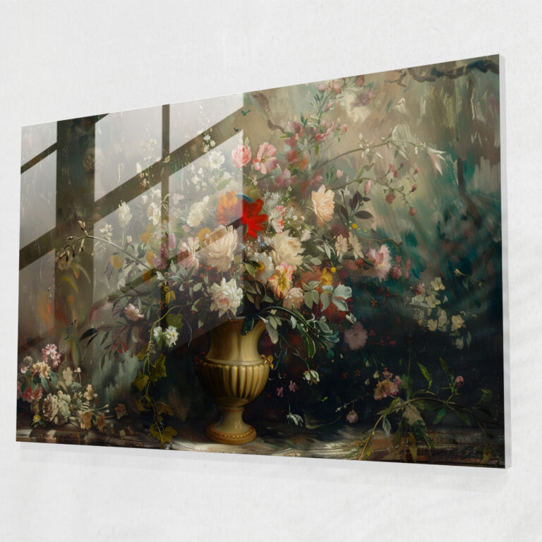 Çiçek Desenli Rococo Tarzı Ev Dekorasyonu - Modern Sanat Duvar Dekorasyonu Cam Tablo