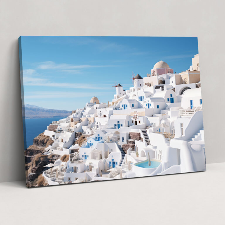 Santorini Kanvas Tablo - Panoramik Beyaz Binalar Duvar Sanatı - Santorini Huzur Zarafet Kanvas Tablo