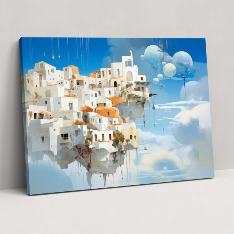 Santorini Tablo Sanatı - Santorini Duvar Dekorasyonu Surealist Eser Yüzen Evler