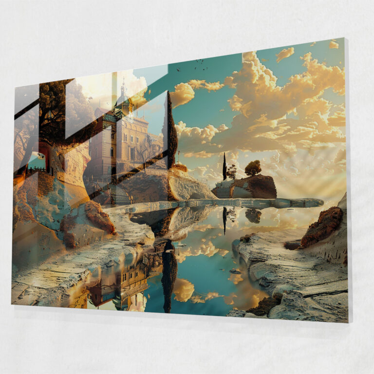 Salvador Dali Tarzında Cam Tablo ile Rüya Gibi Manzara - Salvador Dali Ev Dekorasyonu Cam Duvar Sanatı Cam Tablo