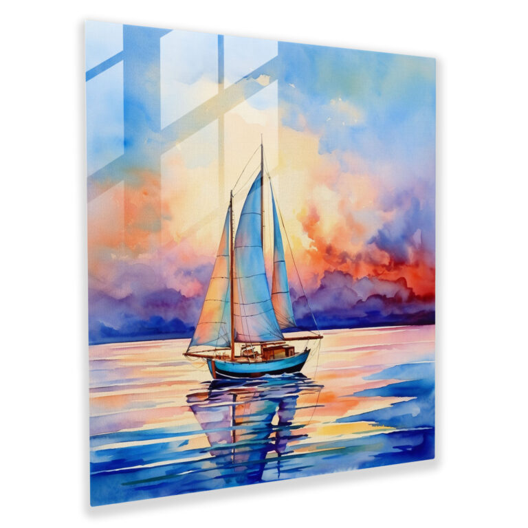 Deniz Manzaralı Cam Tablo - Canlı Suluboya Yelkenli - Deniz Manzarası Modern Sanat Cam Duvar Sanatı Canlı