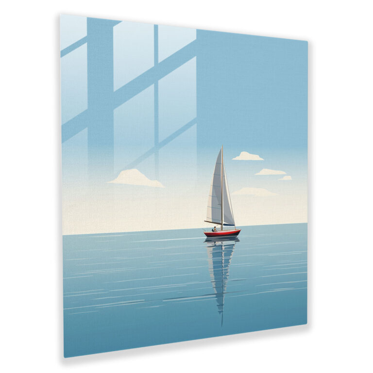 Deniz Manzaralı Cam Tablo - Minimalist Yelkenli İllüstrasyon - Deniz Manzarası Tek Yelkenli Modern Sanat
