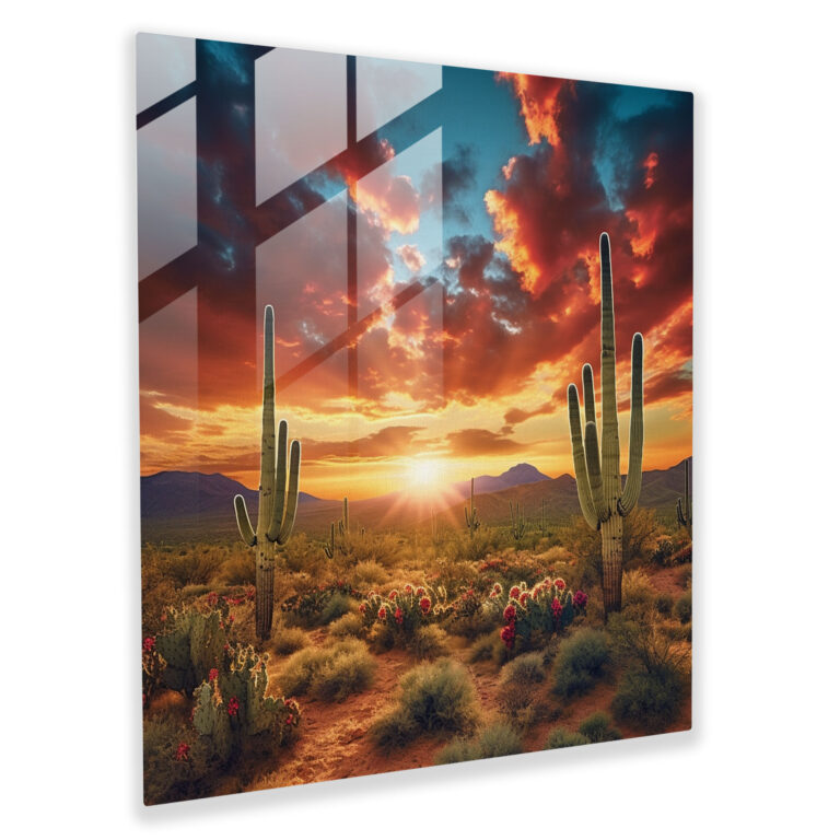 Güneybatı Saguaro Cam Tablosu - Güneybatı Günbatımı Gökyüzü Saguaro Kaktüsleri Cam Sanatı