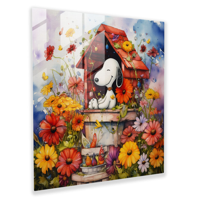 Sulu Boya Snoopy Cam Tablo - Snoopy Ev Dekorasyonu Kelebekler Modern Sanat