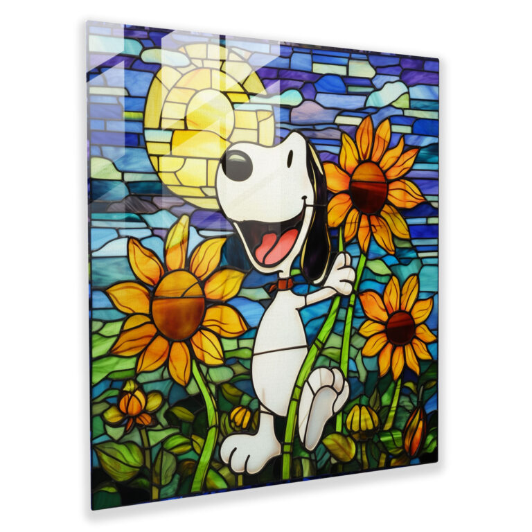 Renkli Cam Desenli Snoopy Cam Tablo - Snoopy Renkli Cam İllüstrasyon Cam Duvar Sanatı