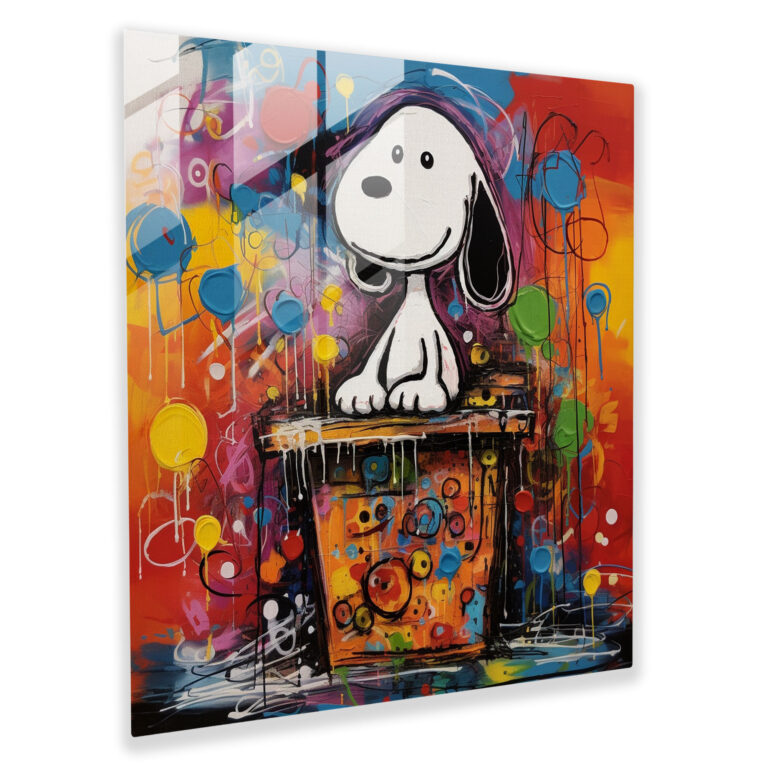 Snoopy Renkli Soyut Cam Duvar Sanatı - Oyunbazlık Soyut Resim Renkli