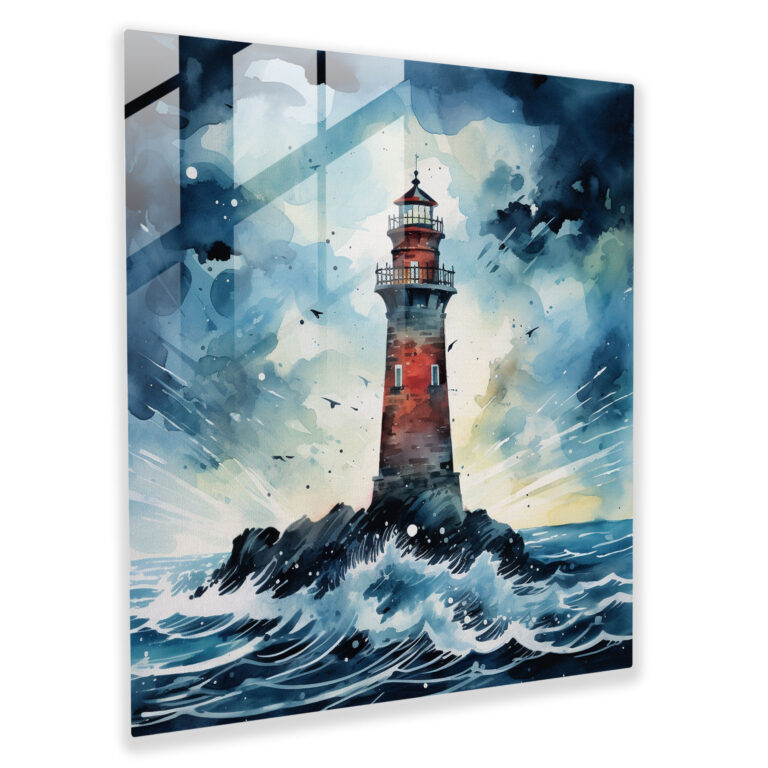 Fırtınalı Deniz Feneri Cam Tablo - Fırtına Cam Duvar Sanatı Duvar Dekorasyonu Modern Sanat