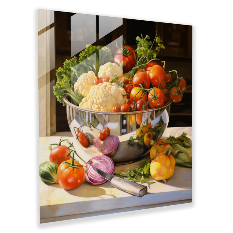 Gerçekçi Sebze Kasesi Cam Tablosu - Still Life Ev Dekorasyonu Cam Duvar Sanatı