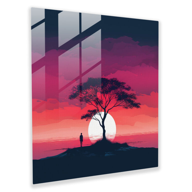 Sessiz Yalnızlık Cam Tablo - Günbatımı Minimalist İllüstrasyon Ev Dekorasyonu