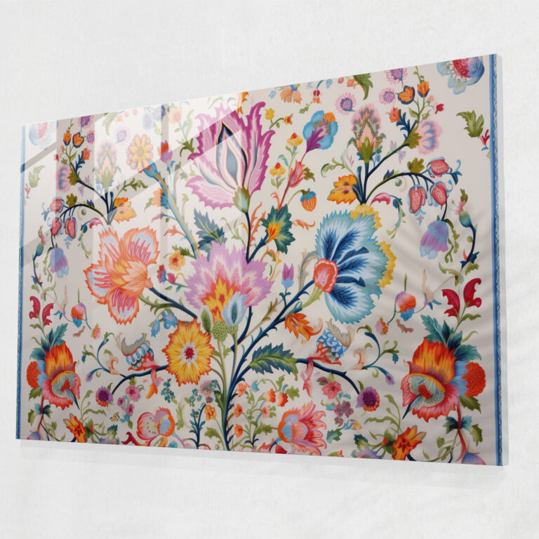 Çiçek Desenli Türk Halı Desenli Cam Tablo - Türk Halısı Cam Duvar Sanatı Modern Sanat Çiçek İlhamlı
