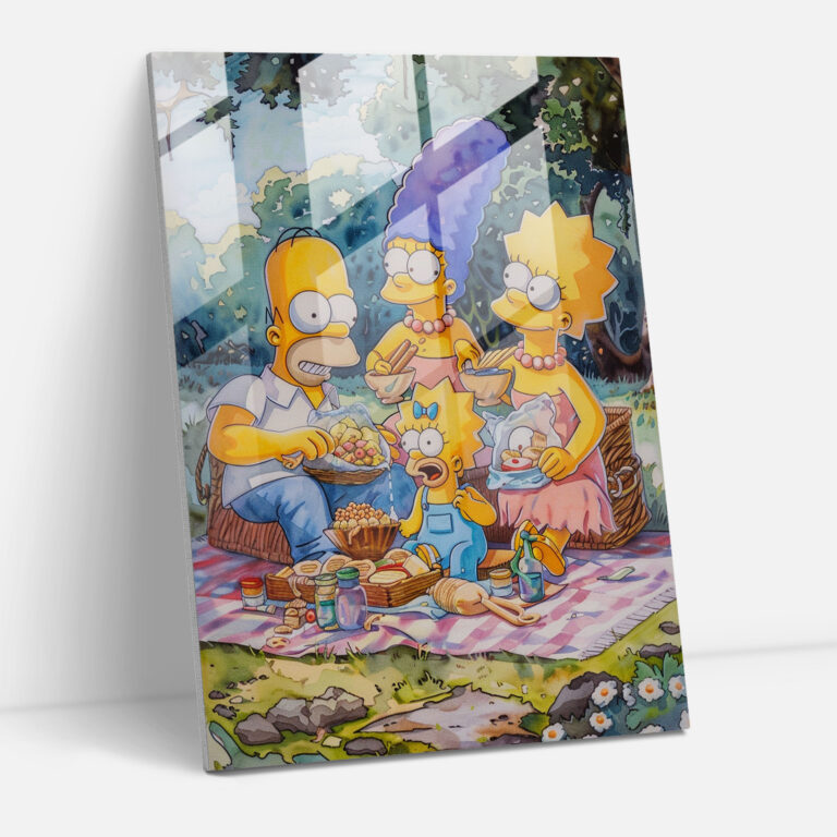 The Simpsons Aile Pikniği Cam Tablo - Canlı Renkler Cam Duvar Sanatı