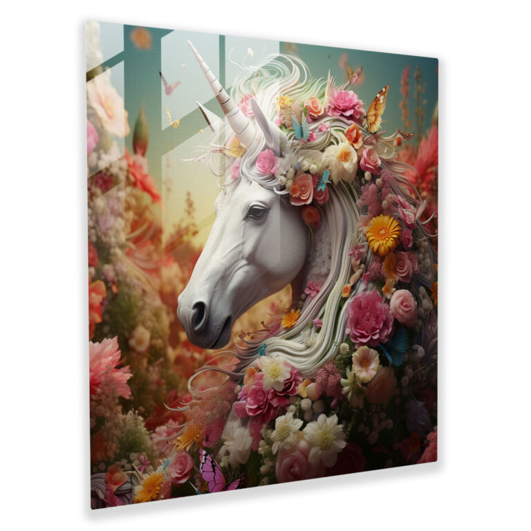 Masalsı Cam Tablo - Çağdaş Dijital İllüstrasyon - Unicorn Canlı Renkler Cam Duvar Sanatı Çağdaş Dijital İllüstrasyon