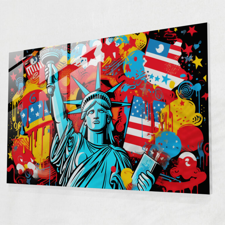 Amerika Birleşik Devletleri Haritası Modern Sanat - Ünlü Amerikan Sembolleriyle Canlı Kompozisyonlu Kanvas Tablo