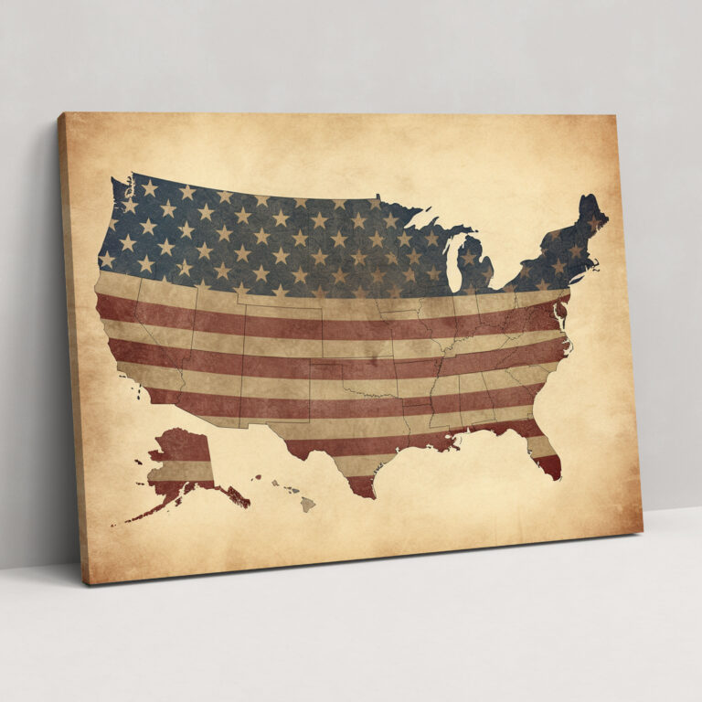 Retro Amerika Birleşik Devletleri Haritası Kanvas Tablo - Amerika Birleşik Devletleri Haritası Duvar Dekorasyonu Eskimiş Dokulu.