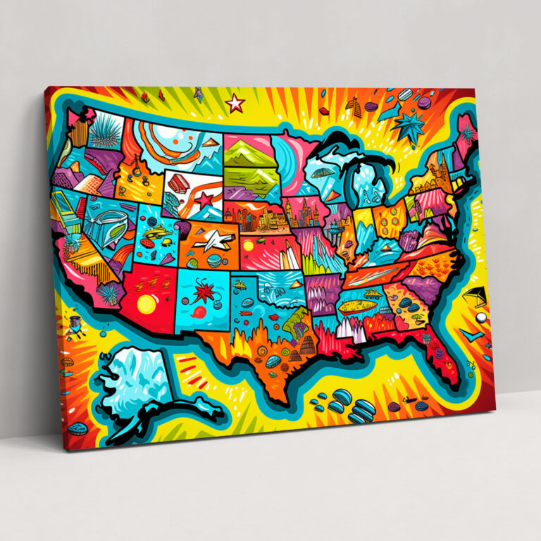Pop Art Amerika Birleşik Devletleri Haritası Duvar Dekorasyonu - Amerika Birleşik Devletleri Haritası Duvar Sanatı Kanvas Canlı Renkler