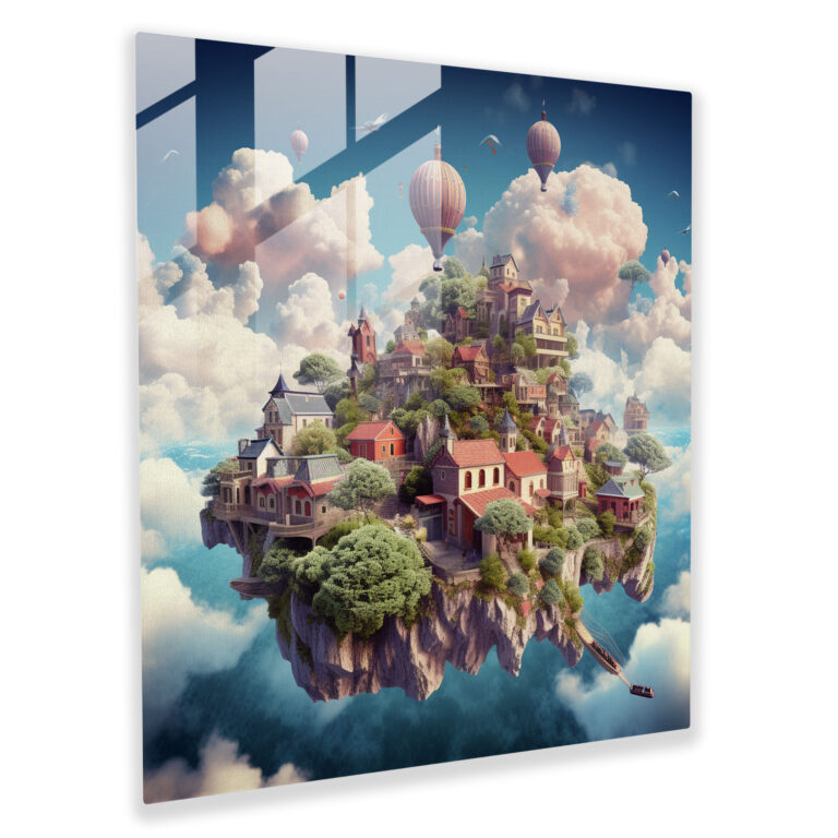 Cloud Village - Cam Tablo - Köy Surrealist Dijital Kolaj Surrealist Renkler Modern Sanat