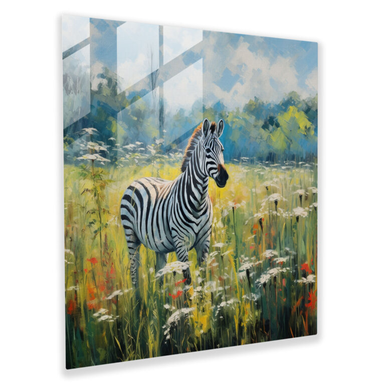 Serenity Zebra Cam Tablo - Zebra İzlenimci Resim Bol Otlak Cam Sanat