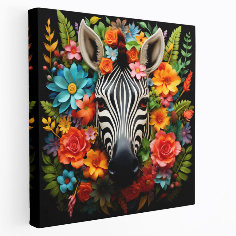 Zebra Kanvas Tablo - Masalsı Çiçekli Duvar Sanatı - Duvar Dekorasyonu Zebra