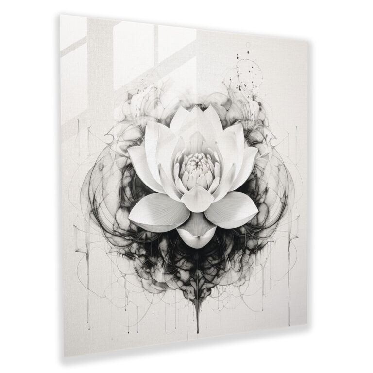 Zen Lotus Cam Tablo - Zen Cam Sanatı Monokrom Mürekkep Çizimi Duvar Dekorasyonu