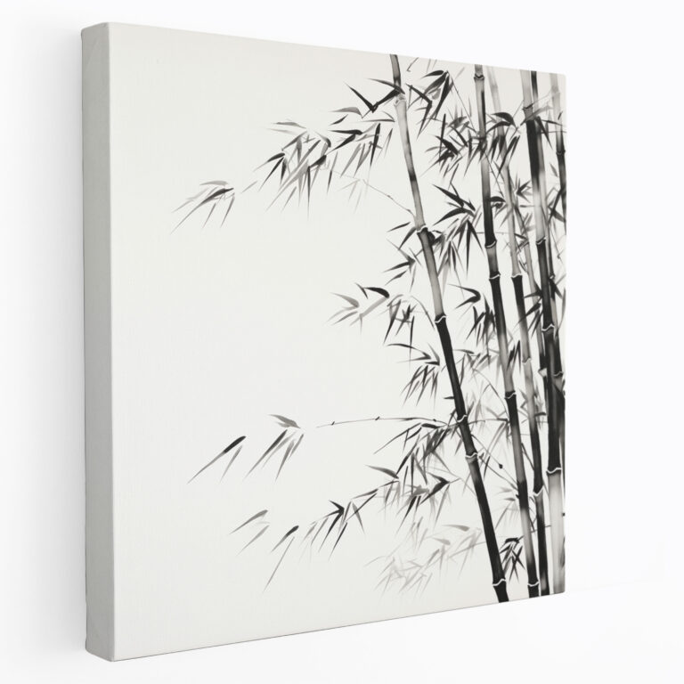 Zen Bambu Duvar Sanatı - Siyah Beyaz Minimalist Mürekkep Çizimi