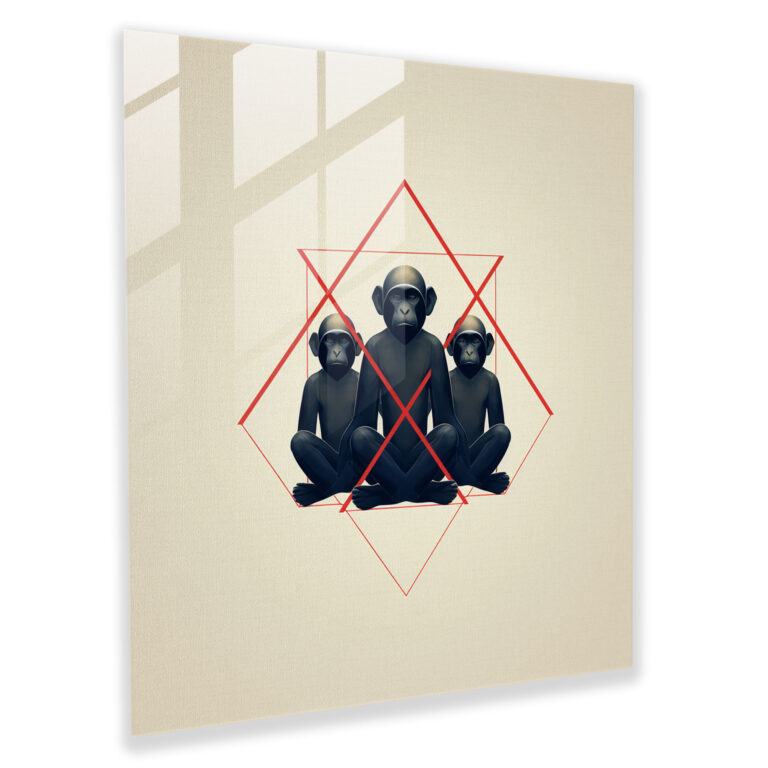 3 Monkey Geometric Glass Print - 3 Monkey, Wall Decoration, Contemporary Style, Modern Art