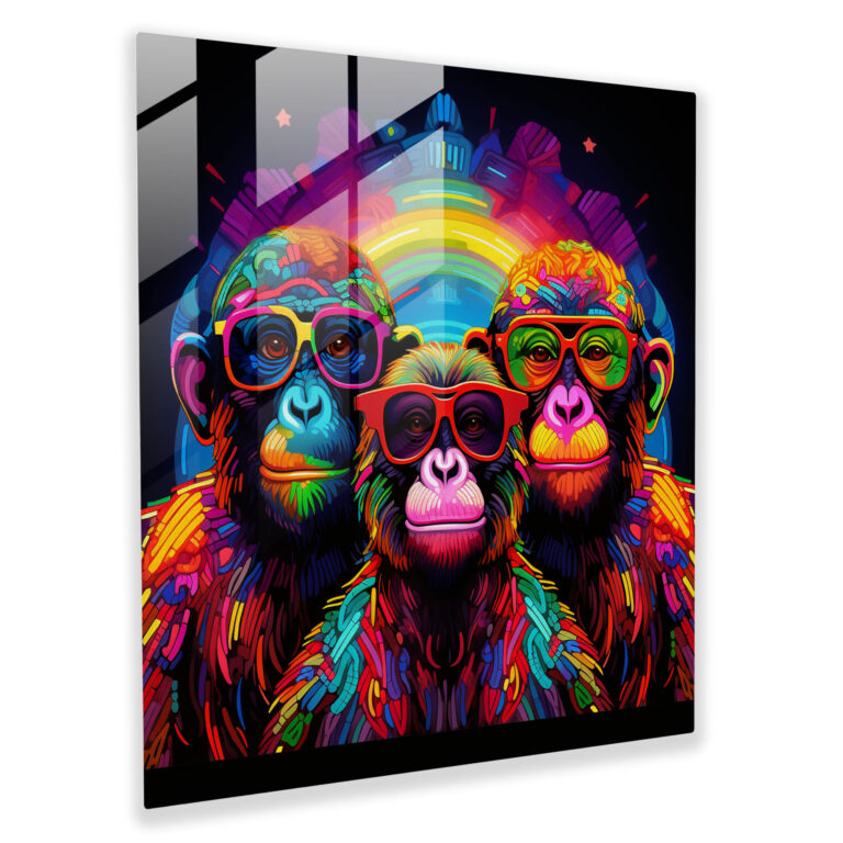 3 Monkey Neon Glass Print - 3 Monkey, Glass Art, Bold Patterns, Home Decoration