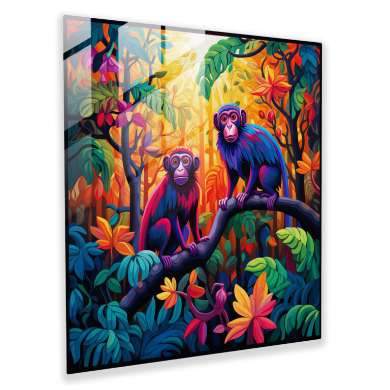 3 Monkey Cartoon Glass Print - 3 Monkey, Glass Art, Vibrant Colors, Modern Art