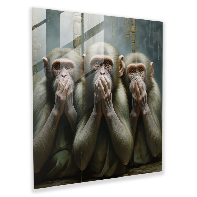 3 Monkey Wise Monkeys Glass Print - 3 Monkey, Realistic, Lifelike Textures, Modern Art