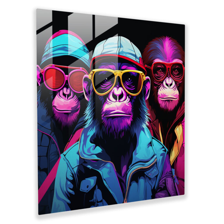 3 Monkey Pop Art Glass Print - 3 Monkey, Glass Wall Art, Bold Colors, Digital Artwork